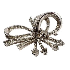 Kramer of New York Vintage Silver Tone Clear Rhinestone Ribbon Bow Brooch Pin